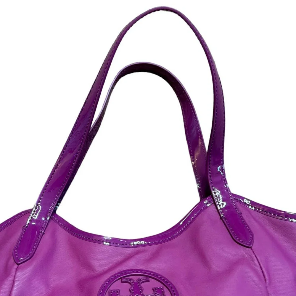 Tory Burch Purple Logo Coated Canvas Tote Bag Hobo - Picture 3 of 9